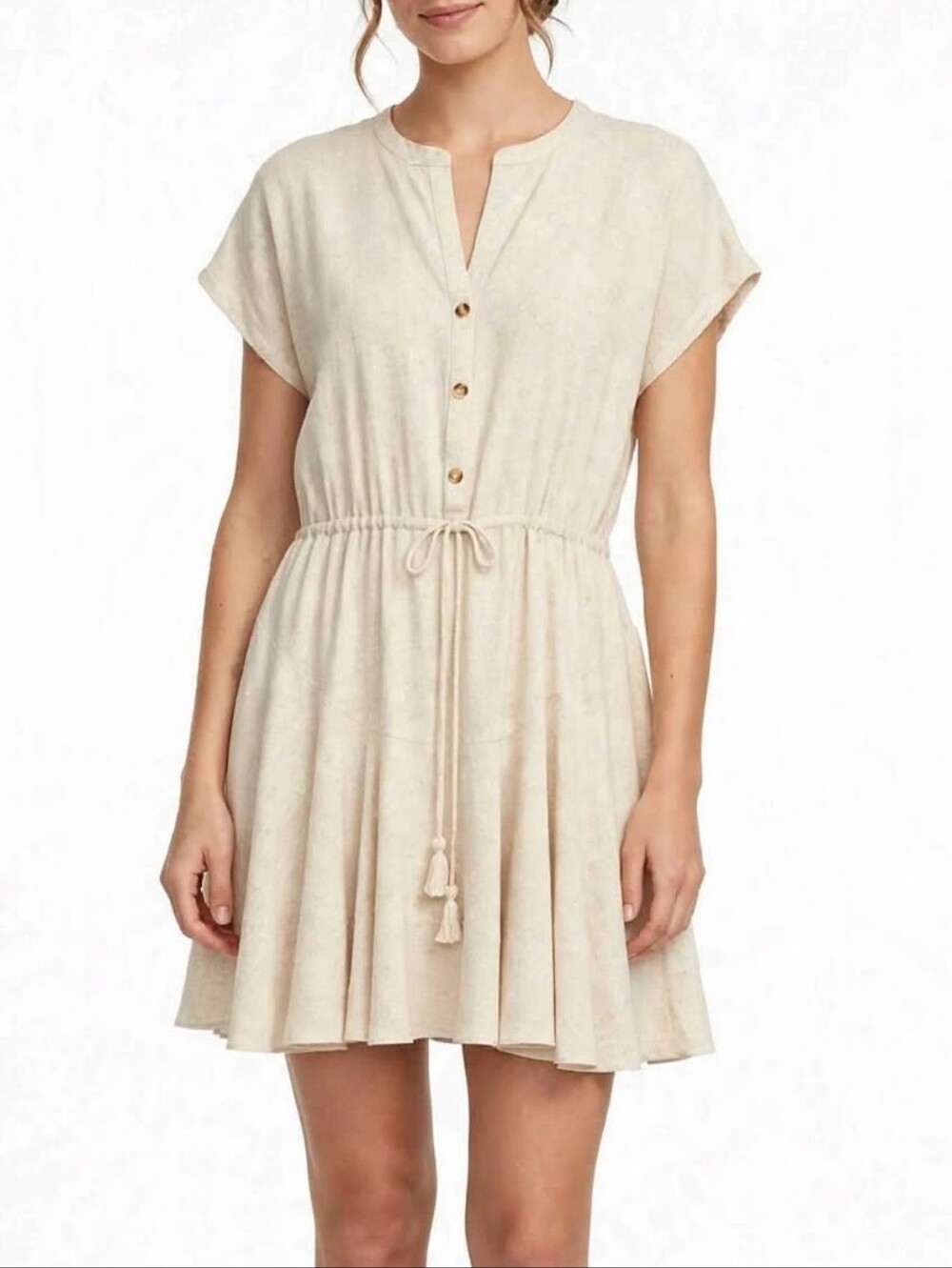 Aakaa Women Linen Blend Mini Dress Large Oatmeal Beige Drawstring Tassel Boho